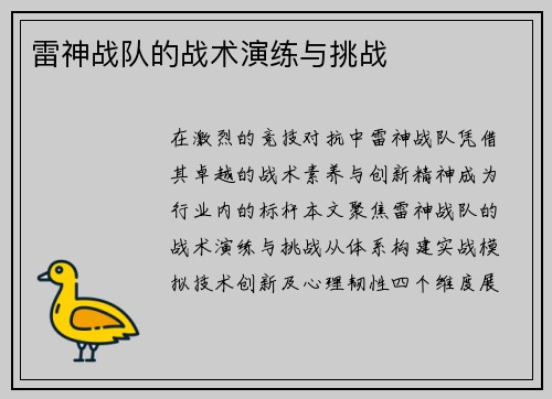 雷神战队的战术演练与挑战